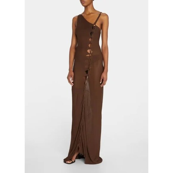 AYA MUSE Birch Mesh Asymmteric Lace-Up Maxi Dress in Brown - Picture 2 of 5
